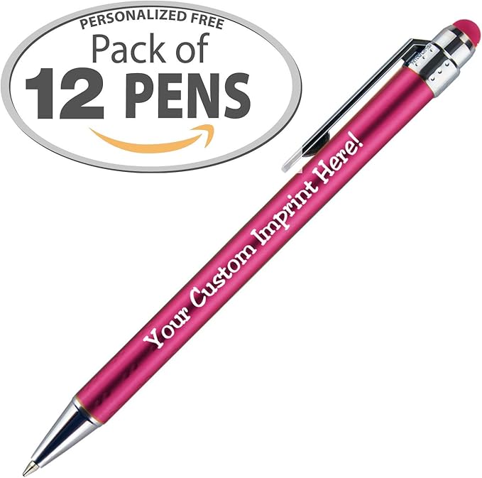 Personalized Pens with Stylus Tip -Bright Vibes- Click action - Custom - Black writing - Printed Name pens - Imprinted with Your Logo or Message - FREE PERSONALIZATION - 12 Pens/Box (Pink)