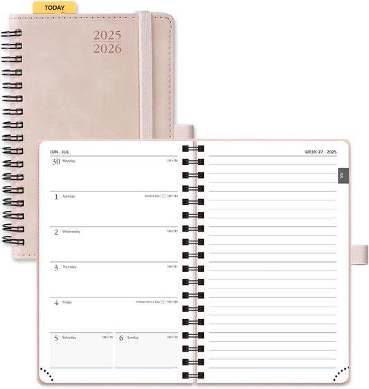 POPRUN Planner 2025-2026 Weekly Notebook (Pocket Size 4''x 6.25''), Small Academic Calendar for Purse with Spiral Soft Cover, Plastic Ruler, Inner Pocket, 100 GSM - Pink