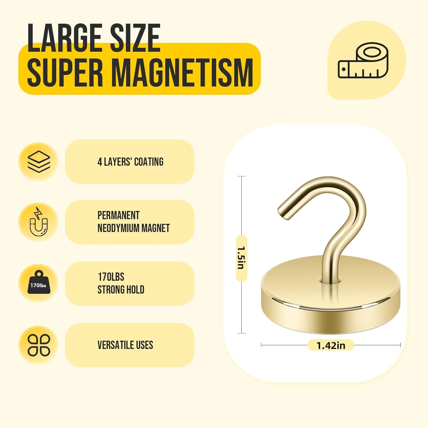 Neosmuk Magnetic Hooks, Heavy Duty 170lb Strong Magnets for Cruise Cabins, Ship Essentials, Large Metal Hooks for Hanging on Fridge(Gold,Pack of 4)