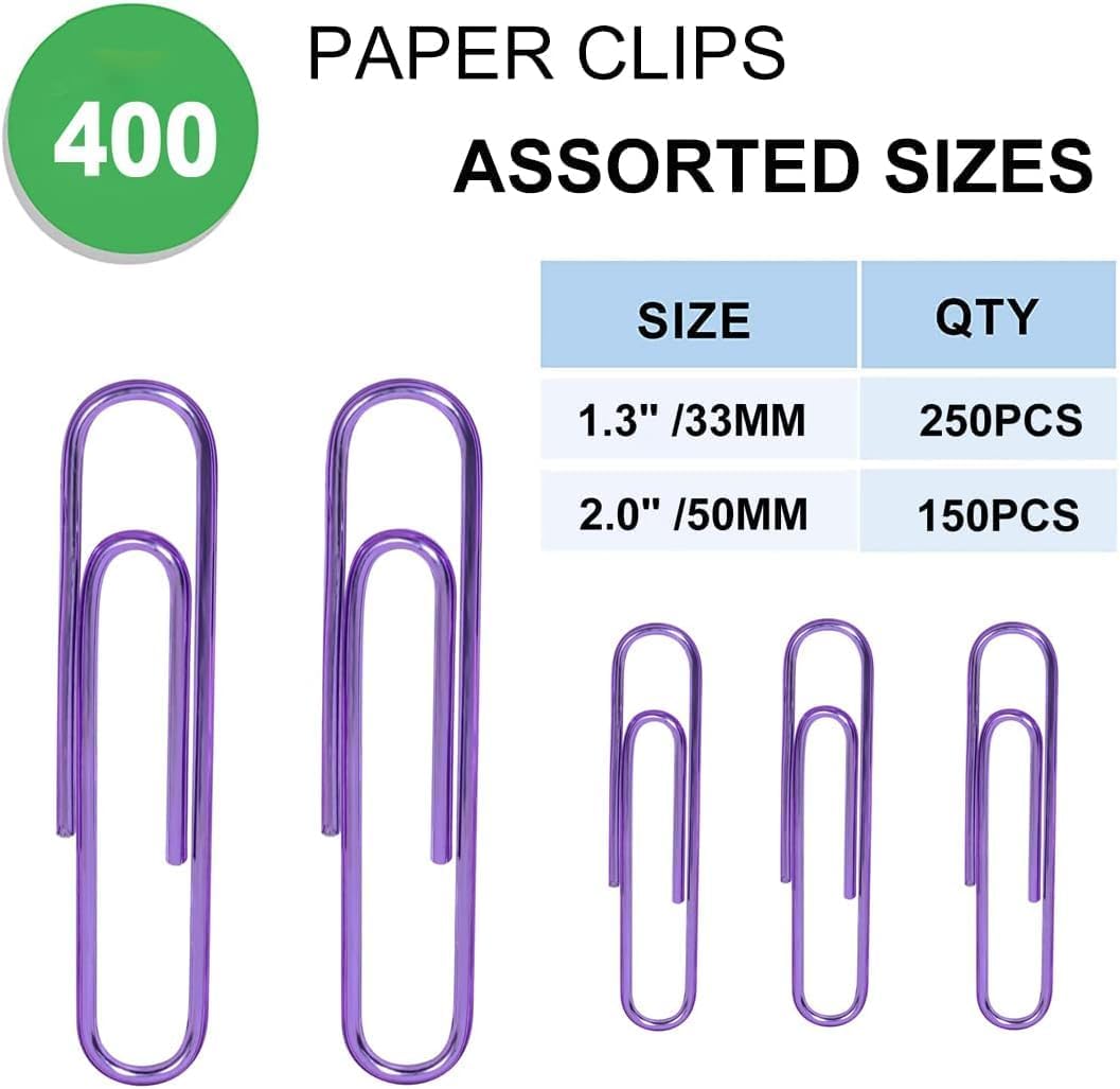 Vinaco Purple Paper Clips, 400PCS Medium & Jumbo (1.3 & 2 inch) Durable, Rustproof Coated Paper Clips for Office & School Document Organizing