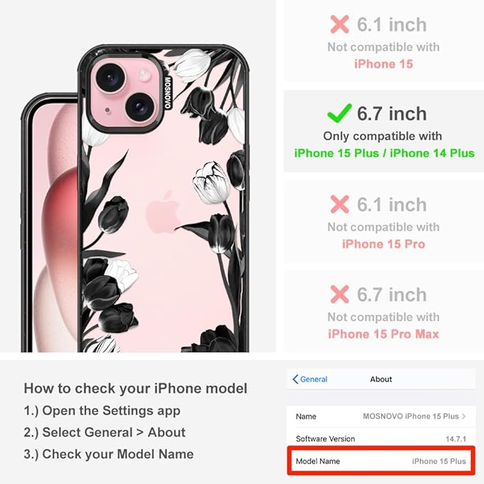 MOSNOVO Case for iPhone 15 Plus, [10ft 4X Military-Grade Drop Protection] Durable & Shockproof Phone Case Cover Design for iPhone 15 Plus / 14 Plus - Black White Tulips - Clear Black