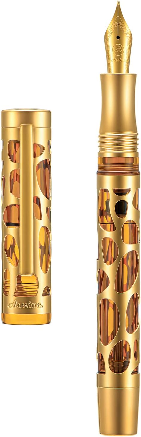 Asvine V169 Vacuum Filling Fountain Pen Extra Fine Nib, Water Drop Skeleton Gold Trim Transparent Coffee Acrylic Pen Case Set