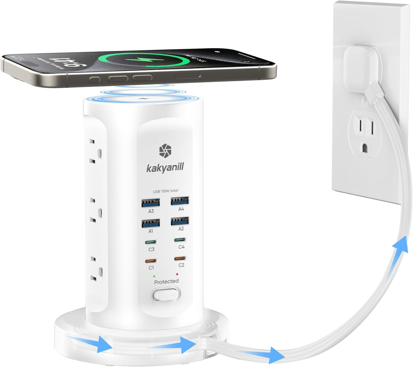 115W USB Charging Station, Surge Protector Power Strip Tower, 9 AC Outlets with 8 USB Ports(4 USB-C), 6Ft Flat Plug Retractable Extension Cord, for Home Office Dorm, White