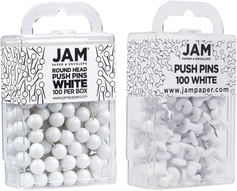 JAM PAPER Colorful Push Pins - Flat & Round Head Thumb Tack Combo Set - White Pushpins - 200/Pack