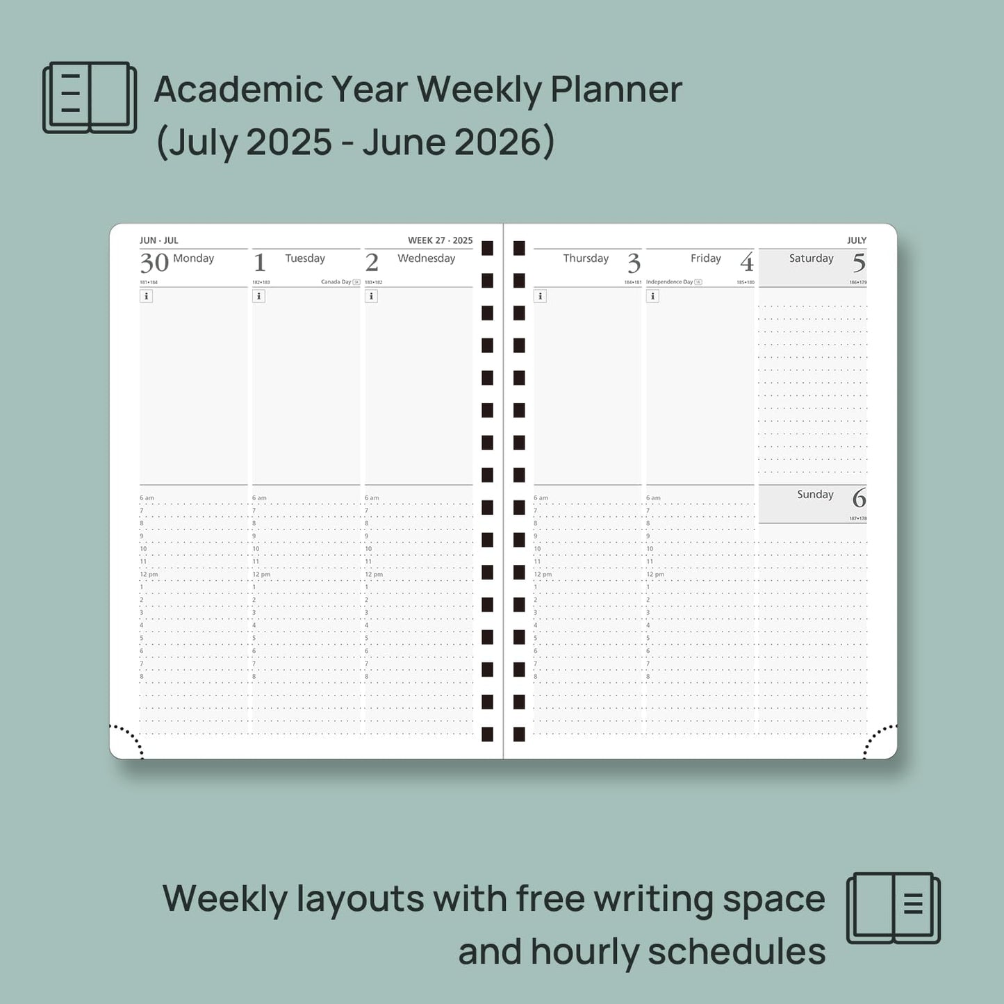 POPRUN Academic Planner 2025-2026 (July 2025-June 2026), Daily Weekly and Monthly Appointment Book (Wirebound Hard Cover - 6.25'' x 8.5'') with Hourly Time Slots, Tabs, 100 GSM - Haze Blue