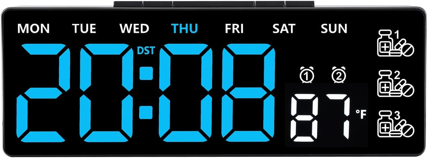 8 Inch LED Digital Desk Clock with Medication Reminders – Large Display with Time, Date, Day, Temperature, Triple Pill Alerts, Dual Alarm, Silent Clock for Home and Office,Blue