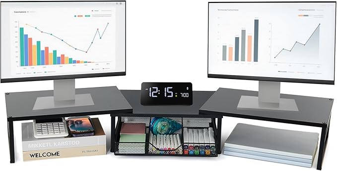 Dual Monitor Stand Riser, Desk Organizer with Drawer, Office Desk Organizers and Accessories, Office Workspace Organization, Computer Monitor Stand for Laptop, Printer (Black)