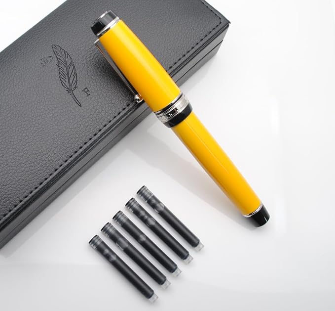 Metal Big Fountain Pen Set Medium Nib 0.7mm, Includes Ink Refill Converter, 5 Ink Cartridges & Gift Box (Medium Nib 0.7mm, Yellow with Silvery Clip)