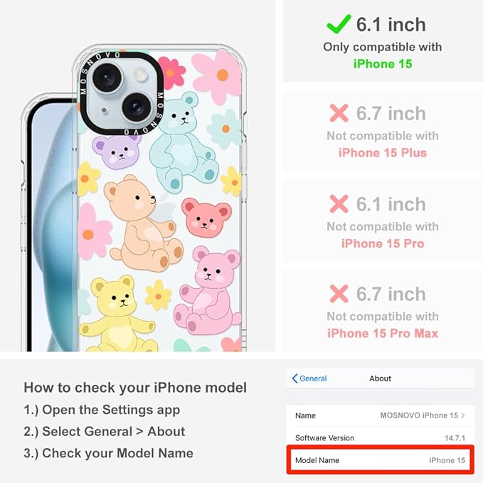 MOSNOVO Case for iPhone 15, [Buffertech 6.6ft Military-Grade Drop Protection] [Anti Peel Off Tech] Clear TPU Bumper Phone Case Cover Design - Cute Teddy Bear