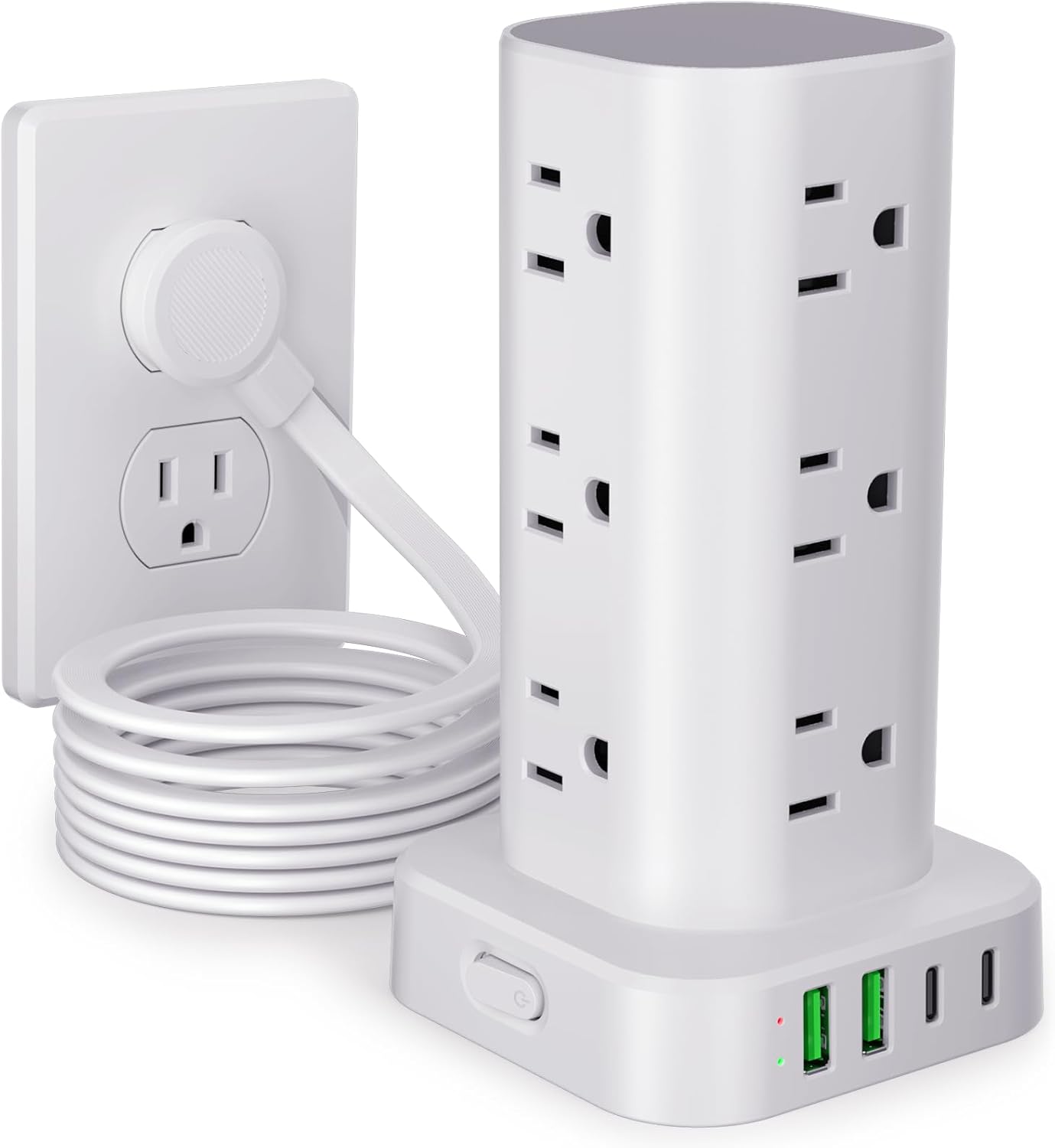 Power Strip Tower with Multiple Outlets, Flat Plug Surge Protector Tower Extension Cord with 12 AC Outlets 4 USB Ports (2 USB C), 10FT Cord Power Tower Surge Protector for Home Office Dorm Room, White