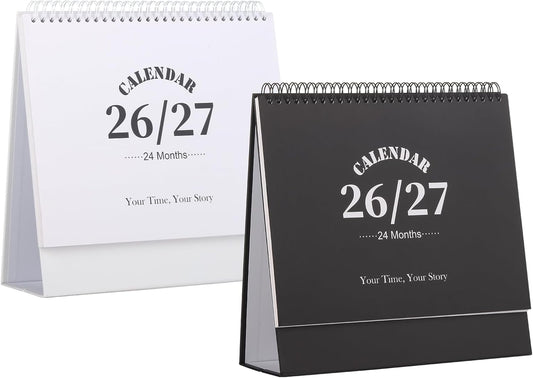 Desk Calendar 2026-2027, 2 Years Calendar Runs from Jan. 2026 until Dec 2027, Table Monthly Planner with Stickers for Home,Office,School Organization(L-Black+White,9.8" x 9.6")