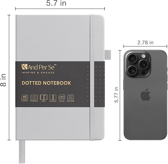 &And Per Se Dotted Journal Notebook, A5 Hardcover Leather Bullet Dotted Journal, 160 Pages 100 gsm Thick Dotted Paper，3 Sheets of Stickers Included - 5.7'' x 8''（Grey）