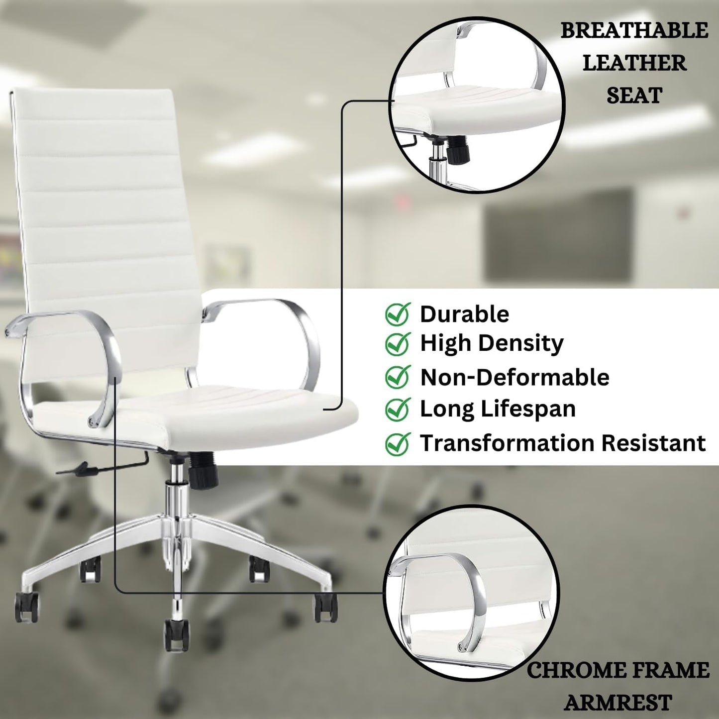 Ribbed High Back Conference Room Chairs - Lumbar Support, Modern Style Executive Home Office Chair - 360 Swivel Rolling Wheels - Aluminum Chrome Frame & Base- White Office Chair (Pack of 1)