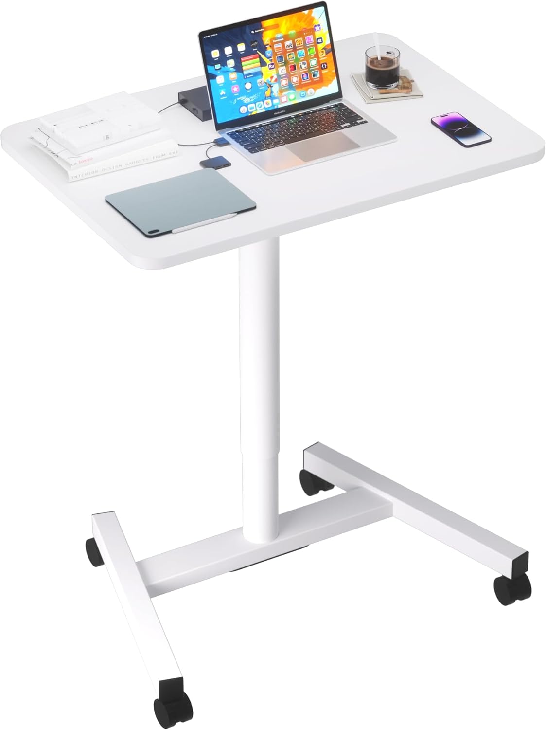 28-Inch Mobile Standing Desk Adjustable Height, Portable Standing Desk with Lockable Wheels, Rolling Table for Home Office Classroom Hospital (Snow-White)