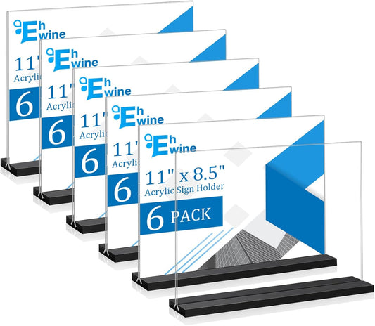 EHWINE 6 Pack Acrylic Sign Holder 8.5 x 11 Horizontal, Double-Sided Stand up Table Top Sign Holders, Clear Acrylic Picture Frame Menu Flyer Paper Holder Display Stand for Office Business Store Wedding Party(Black Base)