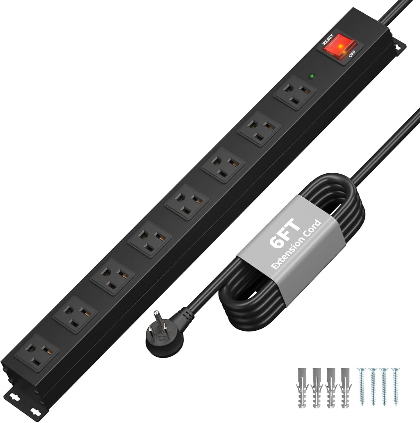 KF 8 Outlet Heavy Duty Power Strip Surge Protector, 2100J Surge Protection Metal Power Strip, 15A/1875W Mountable Power Strips with Upgraded Switch, 14AWG 6FT Extension Cord, Black