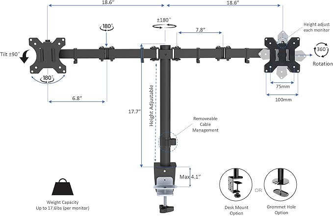 Rocelco 40" Height Adjustable Standing Desk Converter with AC Outlet USB Charger and Dual Monitor Arm Mount - Sit Stand Up Tabletop Riser - Sliding Keyboard Tray - Black (R DADRB-40-ACUSB-DM2)