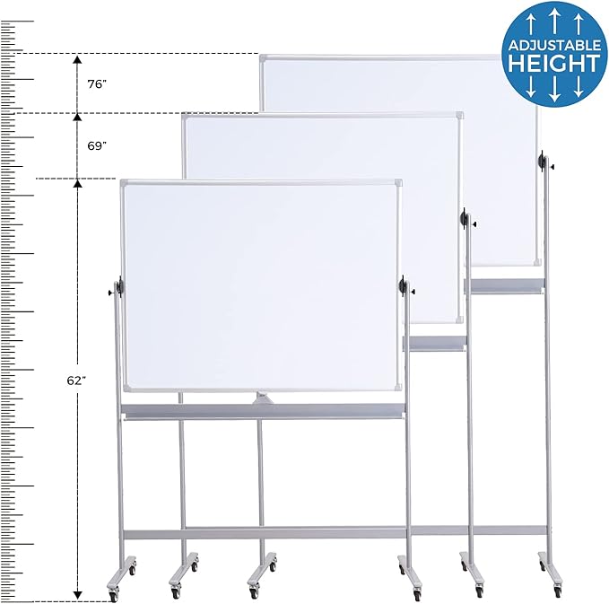 72" x 40" Height-Adjustable Mobile Whiteboard | Double-Sided Magnetic Dry Erase Board on 360° Rolling Stand | Large Reversible Whiteboard for Office, Classroom & Home, Silver