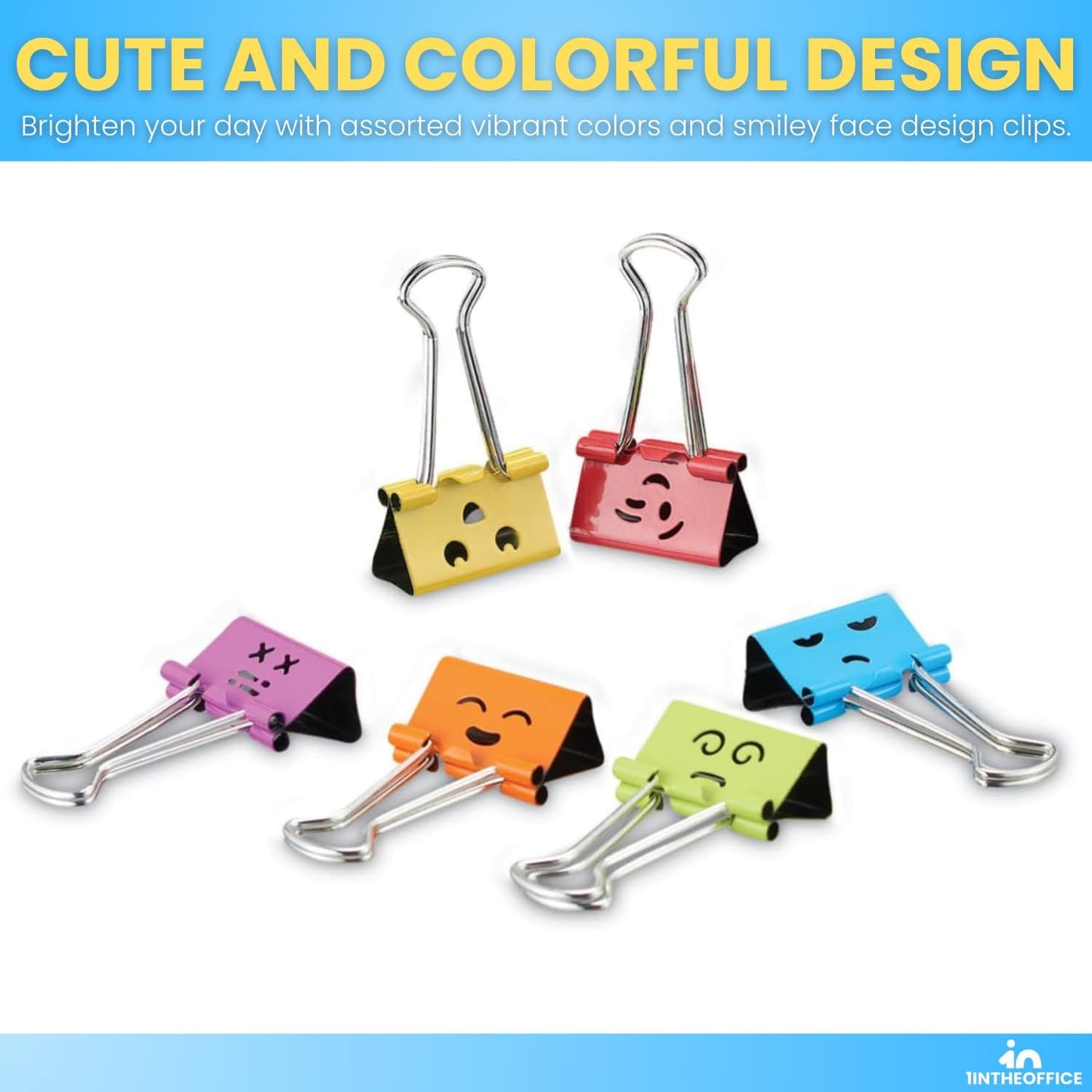 1InTheOffice Medium Cute Colored Smiley Face Binder Clips with Storage Tub, 5/8" Capacity, Assorted Colors, 42 Pack