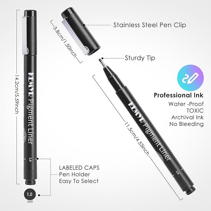 4 Micro Fine liner Drawing Art Pens Calligraphy Pens: 0.9mm Size Black Art supplies Waterproof Archival Black Ink Markers For Artists,Use for Professional Watercolor,Sketching