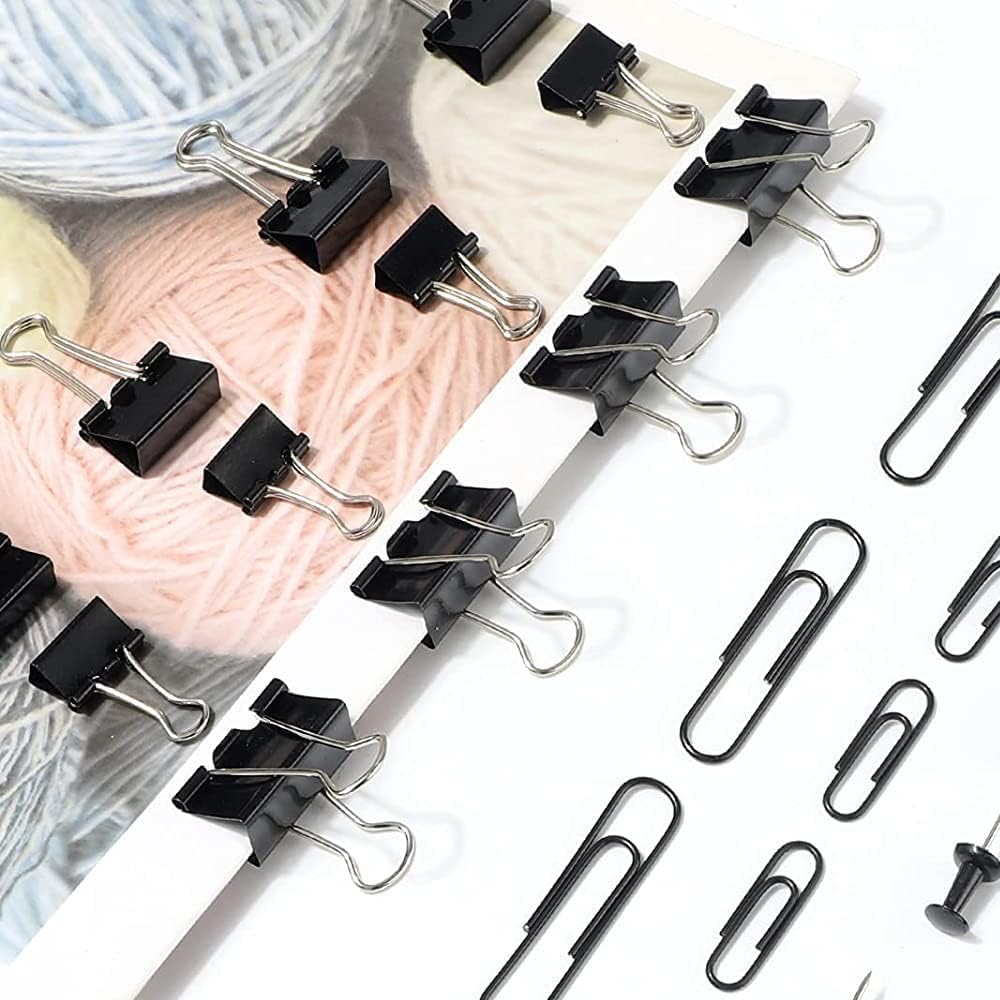 Paper Clips and Binder Clips Set, Metal Assorted Sized Binders with Push Pins, Black Office Supplies for Desk, Durable Desk Accessories