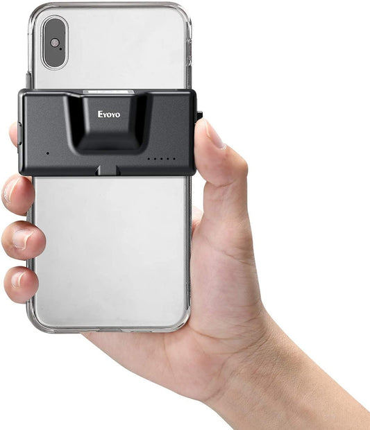 Eyoyo 2D QR Bluetooth Barcode Scanner, Mini Wireless Back Clip-on Phone Bar Code Scanner for 1D QR PDF417 Data Matrix Code Reader, Work with iPhone, Android, iOS for Warehouse Library Book Inventory