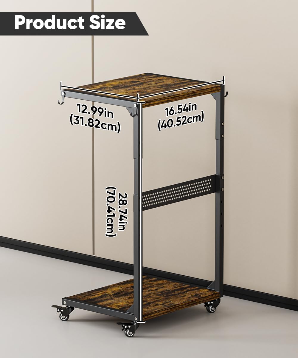 Computer Tower Stand, 2-Tier Metal CPU Holder Stand with Lockable Wheels, Adjustable Under Desk PC Shelf, Mobile Rolling Computer Cart for Home, Office, Gamers and Students, Black