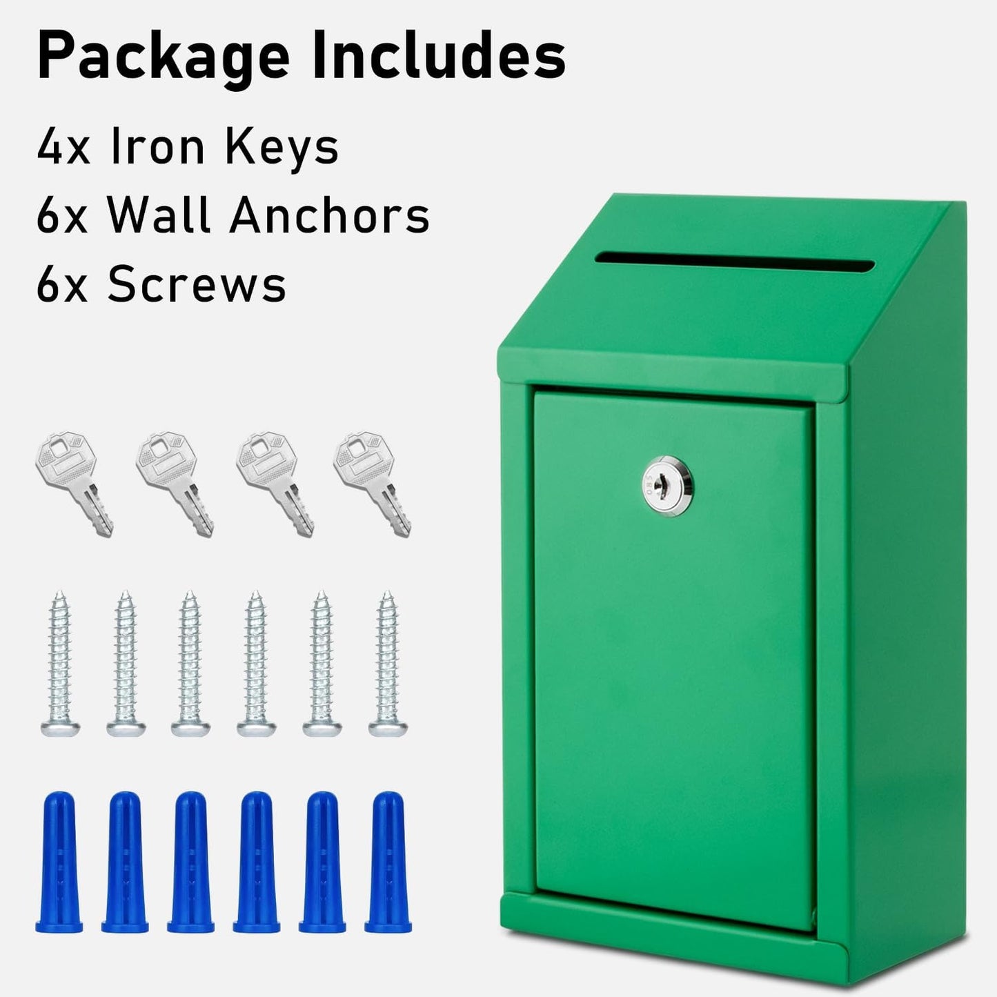Metal Donation Box with Lock, Wall Mounted, Suggestion Box with 4 Iron Keys, Green, Cash Drop Box with Slot, 1-Pack