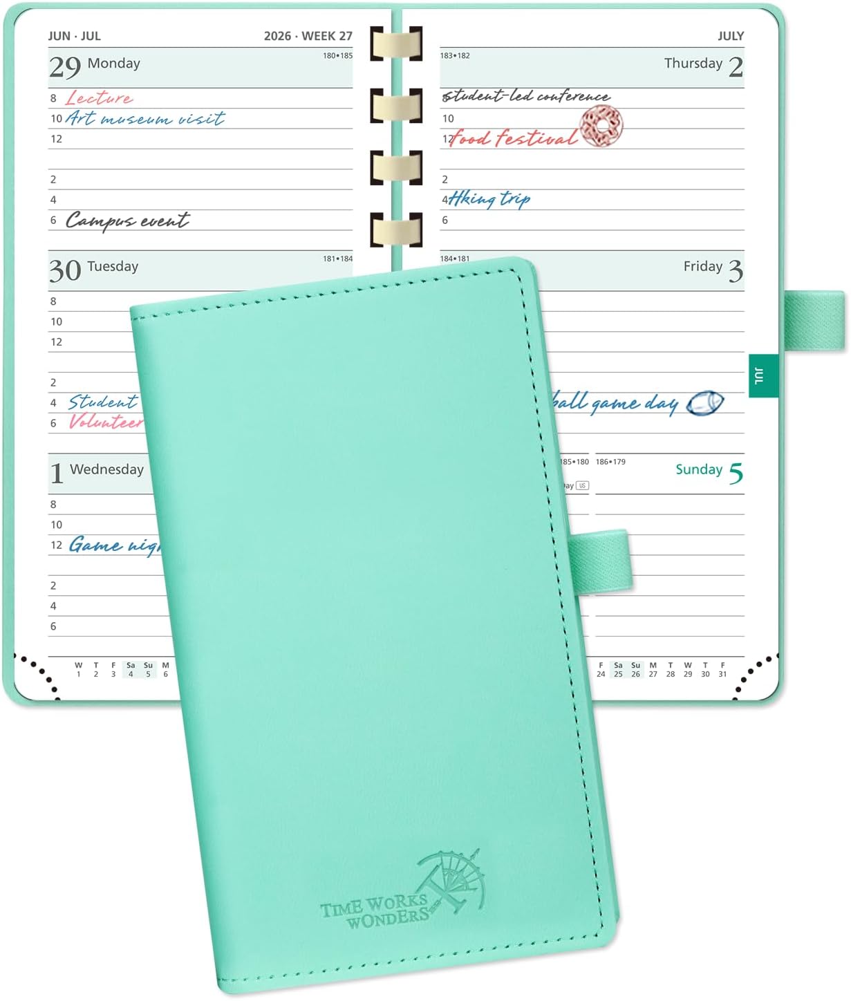 POPRUN 2026 Pocket Planner (Slim Size 3.5" x 6.5") Weekly and Monthly Calendar for Purse, with Hourly Time Slots, 100GSM Thick Paper, Spiral Soft Cover, Pen Holder - Green