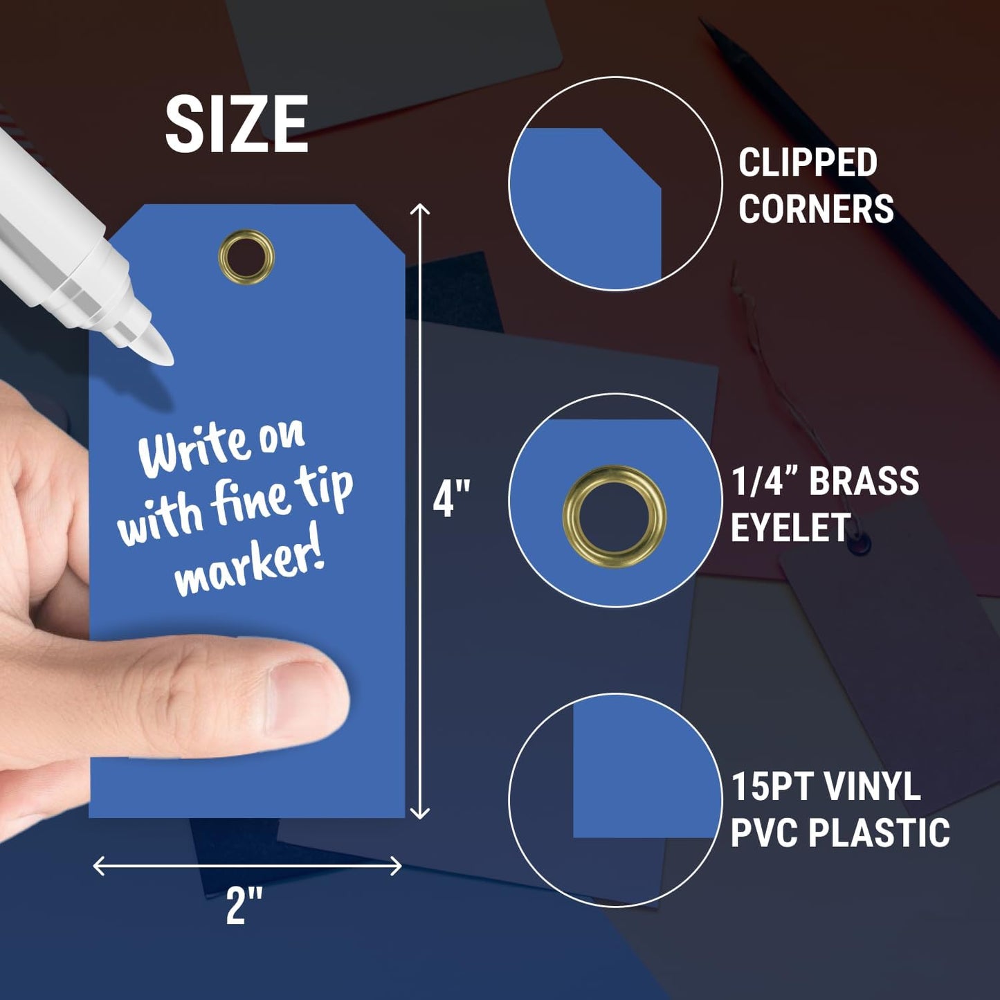 Tags 4 Less 15 Mil Waterproof Plastic Tags, Pack of 100 – 2” x 4” Heavy Duty Plastic Tags for Labeling, Outdoor Tagging, Equipment Labeling, Luggage, Valves & More (Dark Blue)