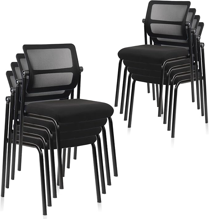 CLATINA Stacking Armless Office Waiting Room Chair with Adjustable Backrest, Stackable Mesh Guest Reception Desk Chairs with Ergonomic Lumbar Support for Conference Lobby Side School, Black, 8 Pack