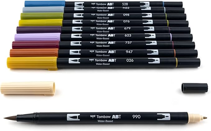 Tombow 56186 Dual Brush Pen Art Markers, Muted, 10-Pack. Blendable, Brush and Fine Tip Markers