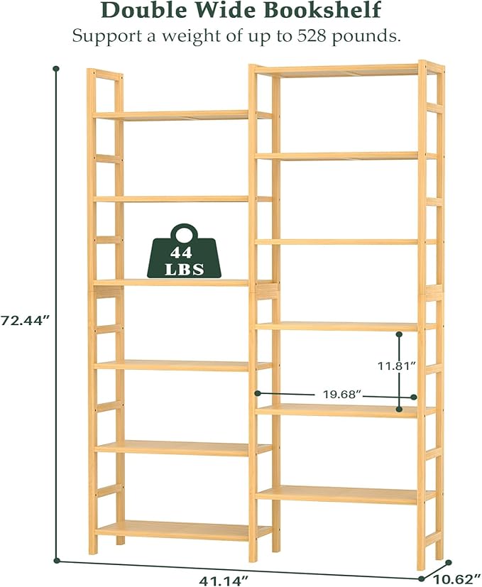 Homykic Double Wide Bamboo Bookshelf, 6-Tier Large Open Bookcase with 12 Display Shelves, 6ft Tall Freestanding Book Shelf for Home Office, Bedroom, Living Room, Plants, Natural