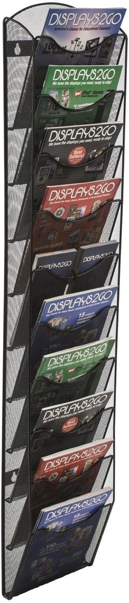 Displays2go Wall Mount Literature Rack, File Folder Organizer, 10 Dividable Pockets (Black Steel Mesh)