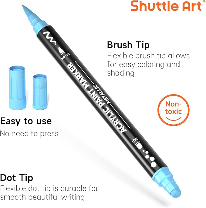 28 Metallic Colors Dual Tip Acrylic Paint Markers, Brush Tip and Dot Tip Acrylic Paint Pens for Rock Painting, Ceramic, Wood, Canvas, Plastic, Glass, Stone, Calligraphy, Card Making, DIY Crafts