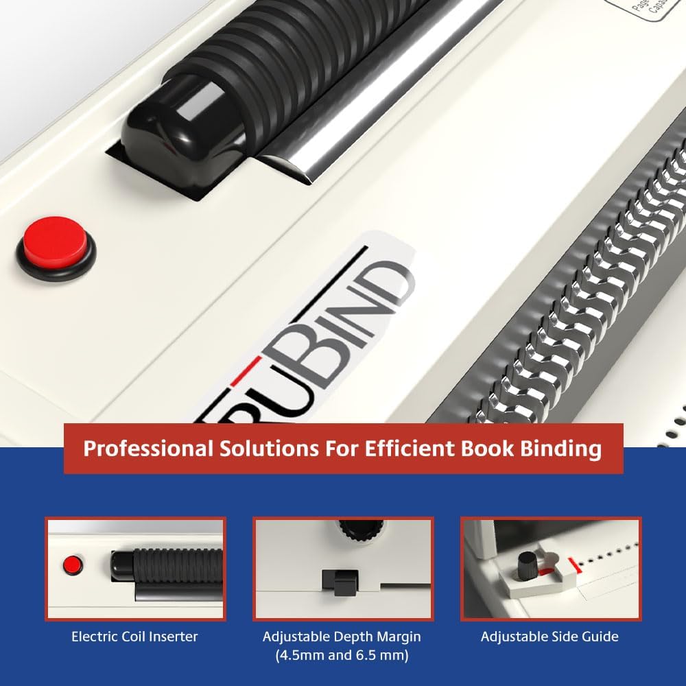 TruBind Coil Binding Machine with Electric Coil Inserter and Adjustable Side Margin | 20 Sheet Punch Capacity | Bind up to 440 Sheets | 46 Fully Disengageable Dies | 4:1 Pitch | 2-Year Warranty