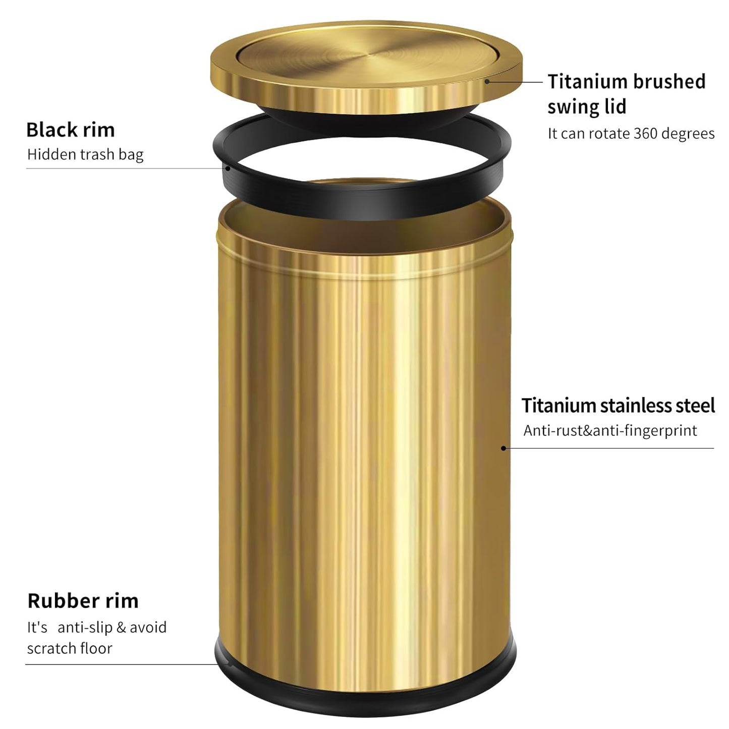 Brushed Gold Bathroom Trash Can with Swing Lid 4.7Gallon,Stainess Steel Garbage Can Trash Bin Wastebaskets for Kitchen,Office,Bedroom (Gold, 4.7 Gallon)