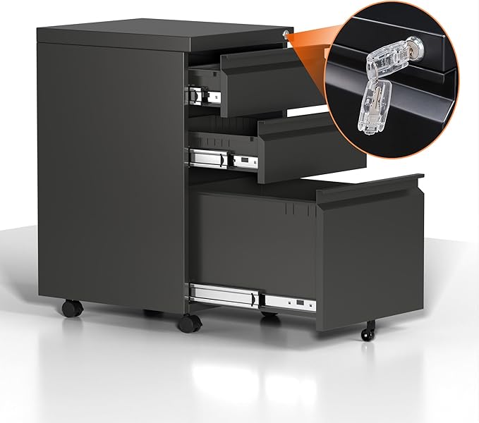 File Cabinet for Home Office, 3 Drawers File Cabinets with Lock, Rolling Under Desk Filing Drawer on Wheels