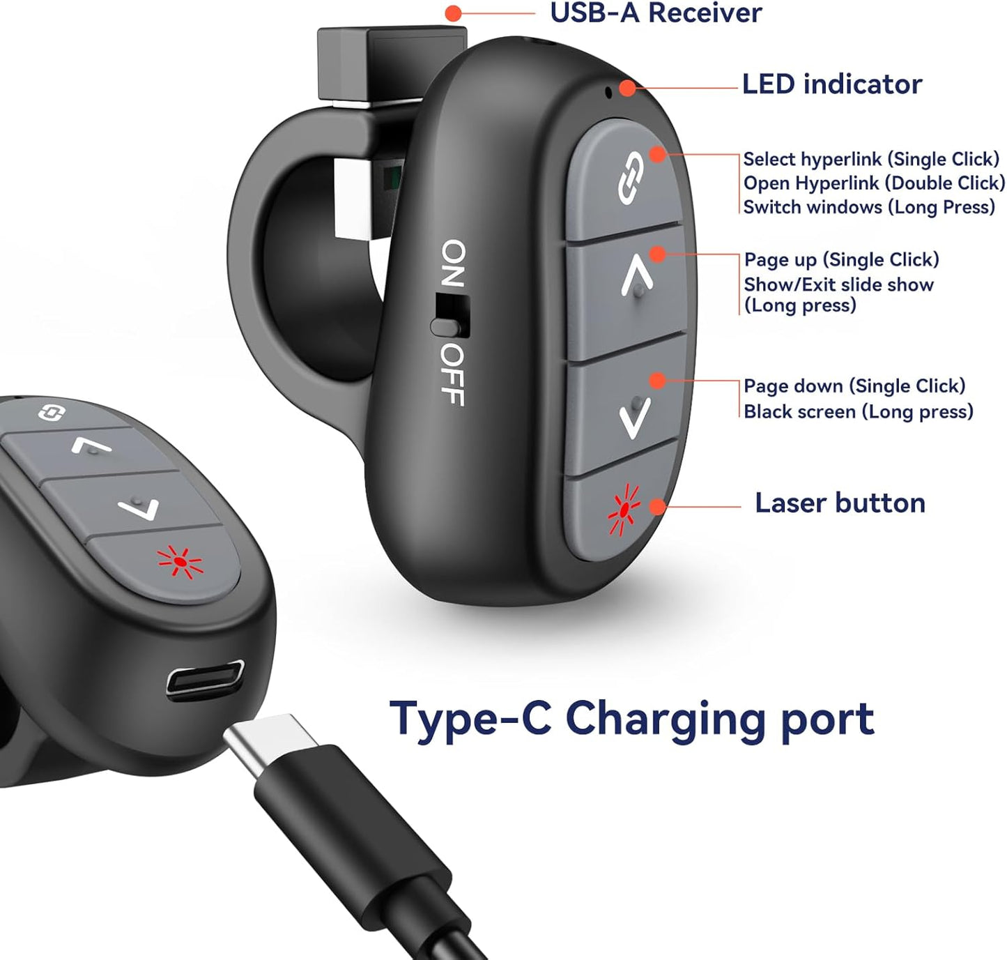 Presentation Clicker Wireless Presenter Remote: USB Rechargeable Finger Ring Clicker for PowerPoint Presentations, PowerPoint Clicker with Laser Pointer, Multi-OS Compatible