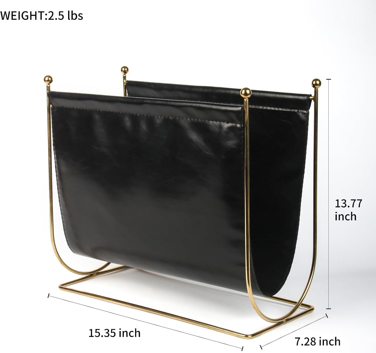Black Leatherette Magazine Rack Holder, with Metal Ball Bracket,Modern Fashion Style for Books,Newspapers,Home Staging,Bedroom,Hotel,Offices and Living Rooms