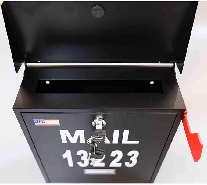 Wall Mount Locking Mailbox - Black Large Capacity Security House Numbers Mailbox - Waterproof Stainless Steel Vertical Drop Mail Box Outdoor with Keys