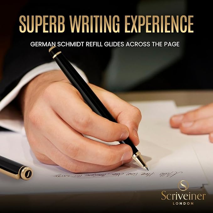 Scriveiner Black Lacquer Rollerball Pen - Stunning Luxury Pen, Real Gold Plating, Schmidt Ink Refill, Best Roller Ball Gift Set for Men & Women, Professional, Executive Office, Nice Pens