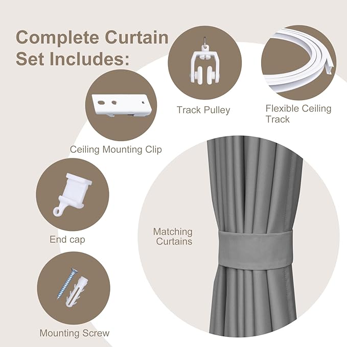 Room Divider Curtains & Flexible Bendable Tracks Set,Privacy Dividers Ceiling Track Curtain Window Blackout Curtains for Living Room Bedroom (W150 × H96 in 1 Panel Grey Drape & White Rail)