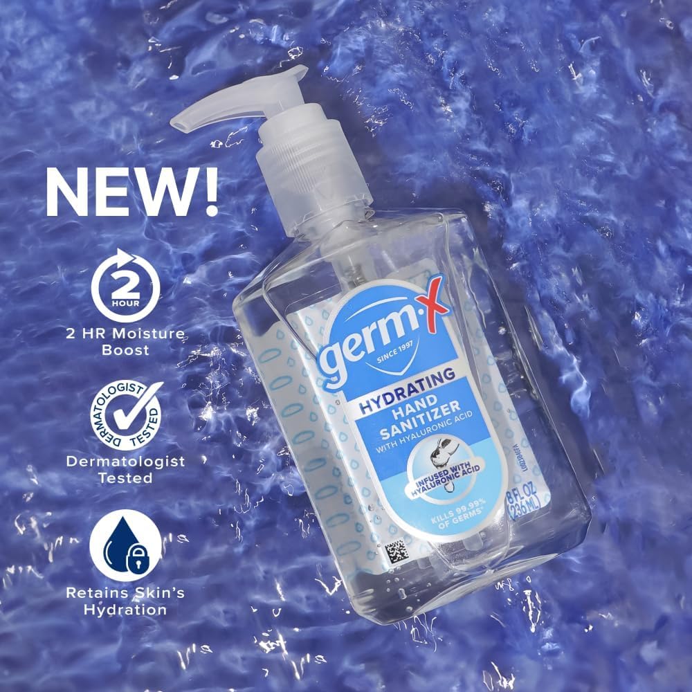Germ-X Hand Sanitizer, Hydrating with Hyaluronic Acid, 8 Fl Oz Pump (Pack of 6) Instant & No Rinse Formula for All Skin Types, Back to School Supplies, Formulated without Parabens, Phthalates & Dyes