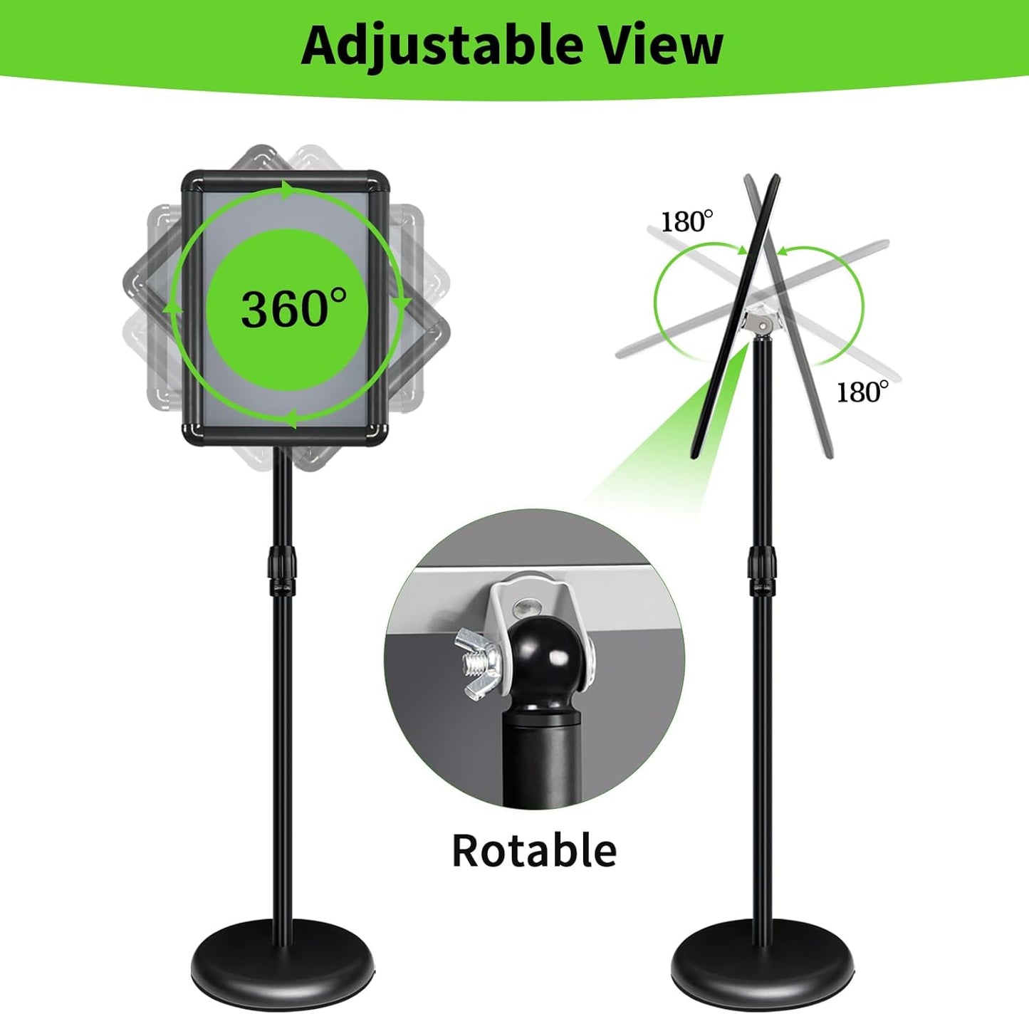Adjustable Pedestal Sign Holder Stand 8.5''x11'', Floor Standing Poster Sign Stand, Aluminum Frame for Vertical/Horizontal View Sign Stand,Outdoor/Indoor Standing Sign Holders(Black, Round)