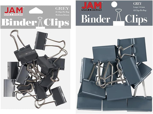 JAM PAPER Colorful Binder Clips Assortment - Medium & Large Size - Grey Binderclips - 27 Clips/Pack