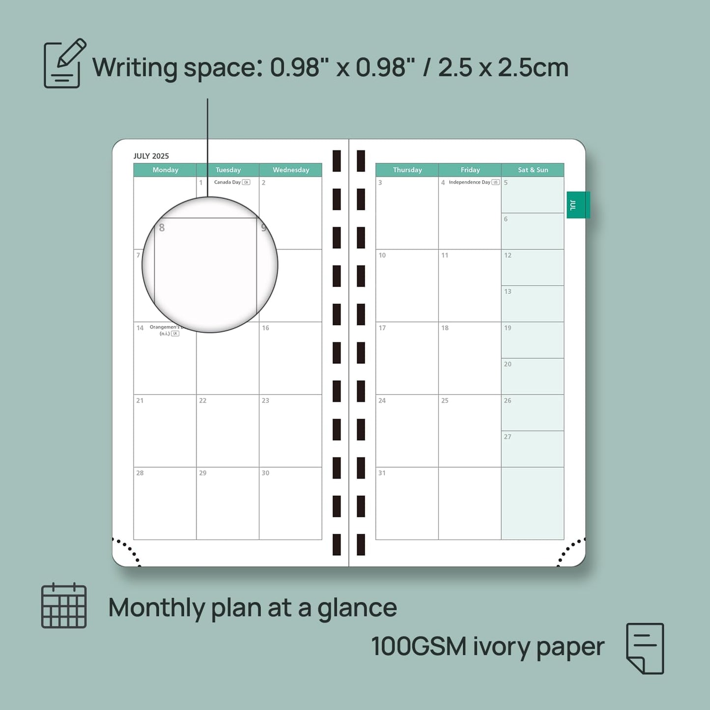 POPRUN Pocket Planner 2025-2026 (Slim Size 3.5'' x 6.5'') Academic Purse Calendar (July 2025 - June 2026) with Hourly Time Slots, 100GSM Thick Paper, Spiral Soft Cover - Pacific Green