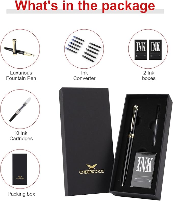 Cheericome Fountain Pen - Ink Pen for Smooth Writing - Exquisite Fountain pen gift set for Men & Women - Fountain Pen Fine Nib，Includes 10 Ink Cartridges and Ink Refill Converter - Black
