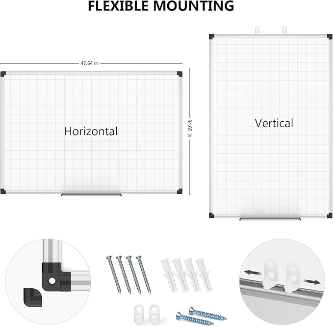 XBoard Magnetic Dry Erase Board with Lines 48 x 36 Inch, 4' x 3' Double Sided Hanging White Board Planner for Wall | Grid Lined White Board + Message Presentation Board