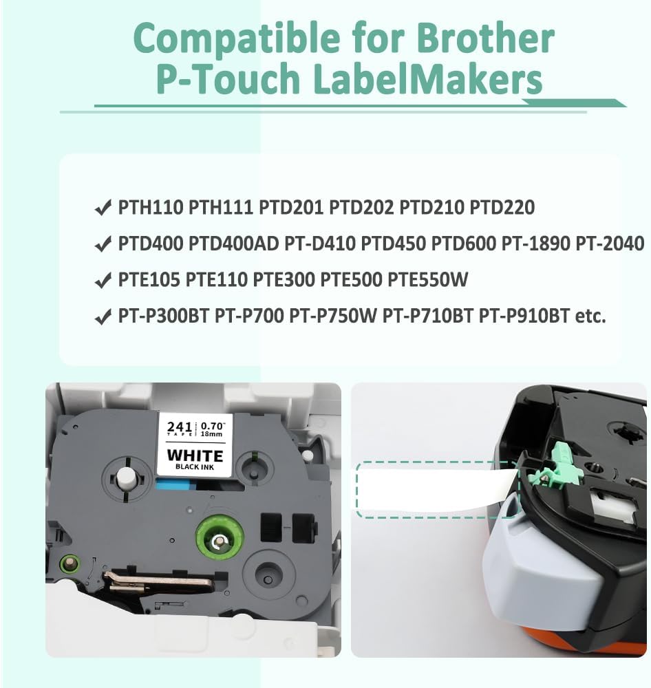 6-Pack Tze 18mm 0.7" Laminated White Compatible for Brother Tze-241 Tze241 Tz-241 Tz241 3/4 Inch Black on White Tz Label Tape 18mm for P Touch Label Maker PTD410 PTD400 PTD610BT PTD600 PTD460